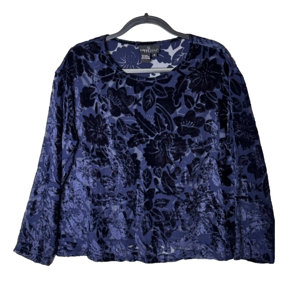 Y2K Velvet Burnout Top Sz S / 6 Blue Sheer Floral Boxy Whimsygoth Fairy Grunge‎